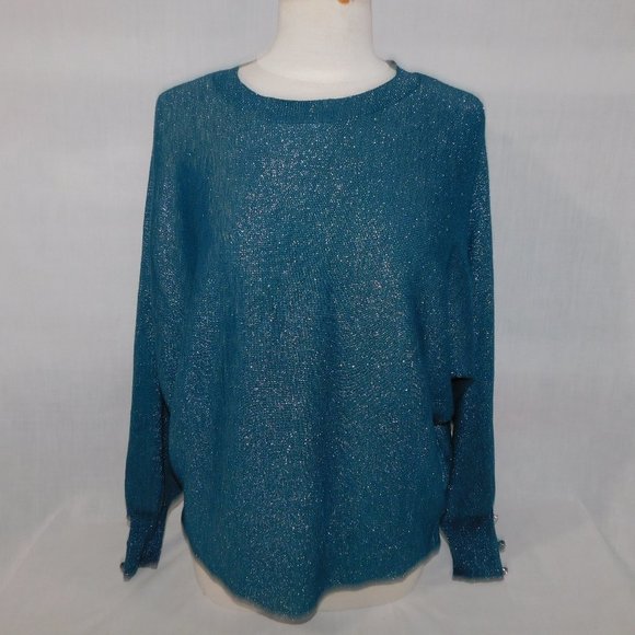 Suzy Shier Womens L Sparkle Glitter Blue oversized Wing Sleeve Top Sweater - Picture 1 of 11